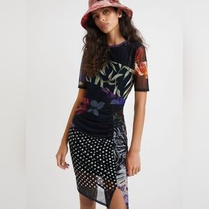 Desigual Amber Black Floral & Polka Dot Patchwork Midi Skirt